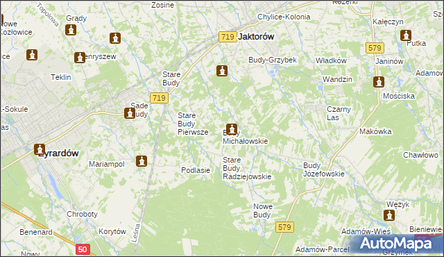 mapa Budy Michałowskie gmina Jaktorów, Budy Michałowskie gmina Jaktorów na mapie Targeo
