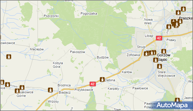 mapa Budzów gmina Gorzów Śląski, Budzów gmina Gorzów Śląski na mapie Targeo