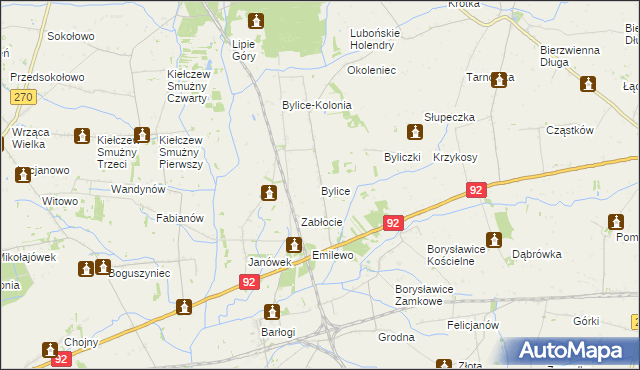 mapa Bylice gmina Grzegorzew, Bylice gmina Grzegorzew na mapie Targeo