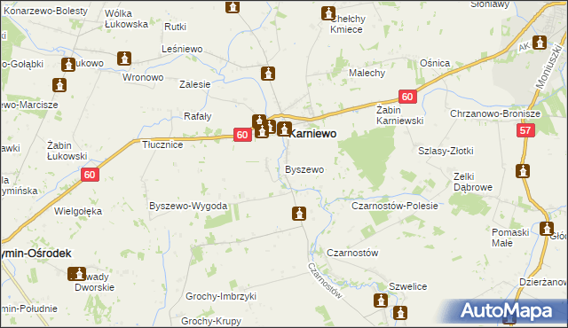 mapa Byszewo gmina Karniewo, Byszewo gmina Karniewo na mapie Targeo