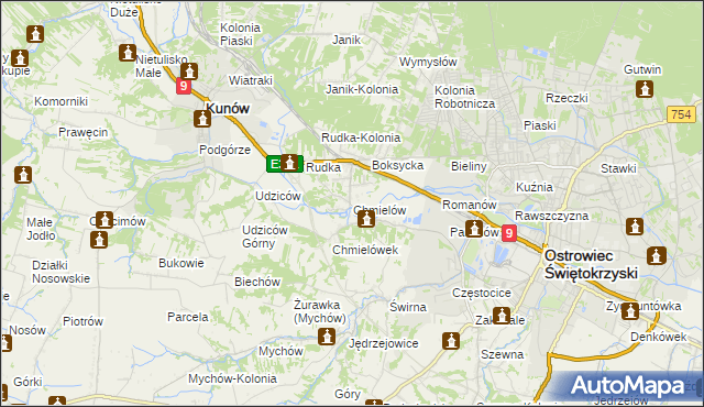 mapa Chmielów gmina Bodzechów, Chmielów gmina Bodzechów na mapie Targeo