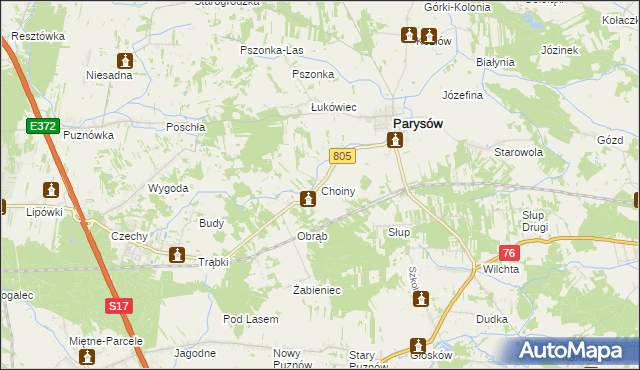 mapa Choiny gmina Parysów, Choiny gmina Parysów na mapie Targeo