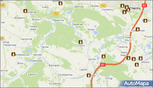 mapa Choiny gmina Sobków, Choiny gmina Sobków na mapie Targeo