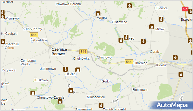 mapa Chojnowo gmina Czernice Borowe, Chojnowo gmina Czernice Borowe na mapie Targeo