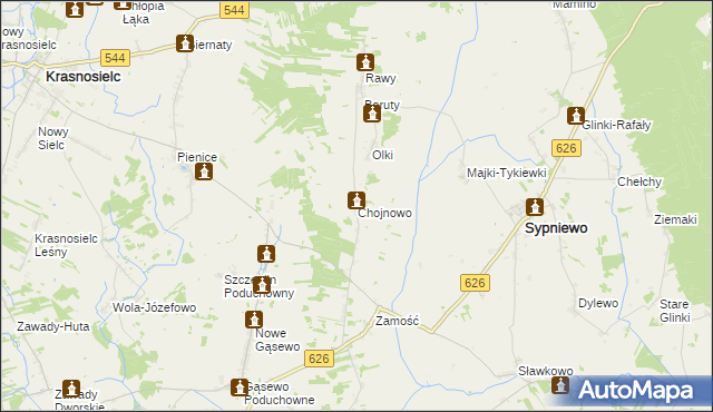 mapa Chojnowo gmina Sypniewo, Chojnowo gmina Sypniewo na mapie Targeo