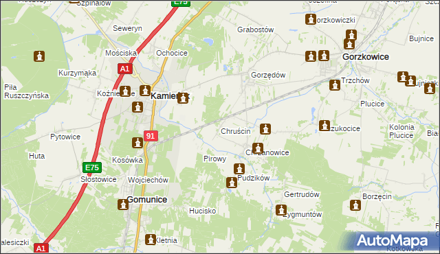 mapa Chruścin gmina Gomunice, Chruścin gmina Gomunice na mapie Targeo