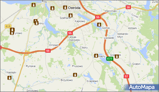mapa Cibory gmina Ostróda, Cibory gmina Ostróda na mapie Targeo