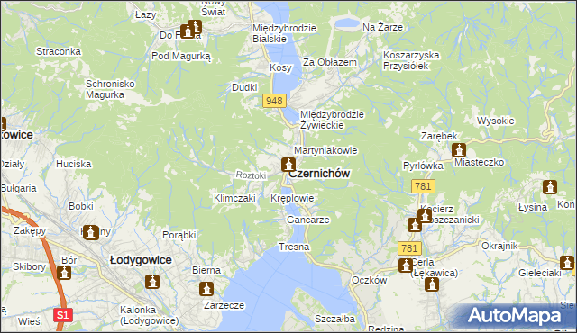 mapa Czernichów powiat żywiecki, Czernichów powiat żywiecki na mapie Targeo