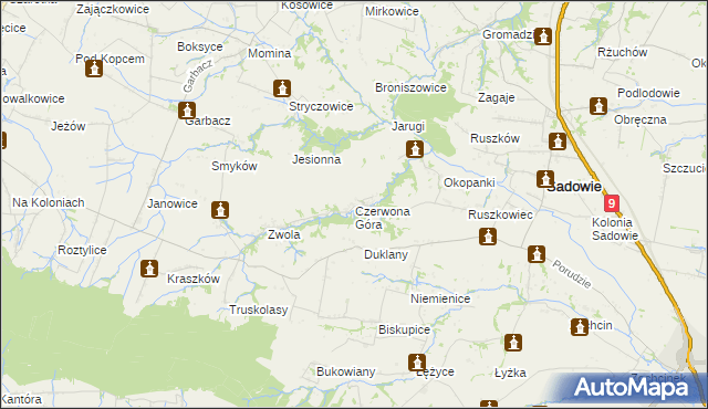 mapa Czerwona Góra gmina Sadowie, Czerwona Góra gmina Sadowie na mapie Targeo