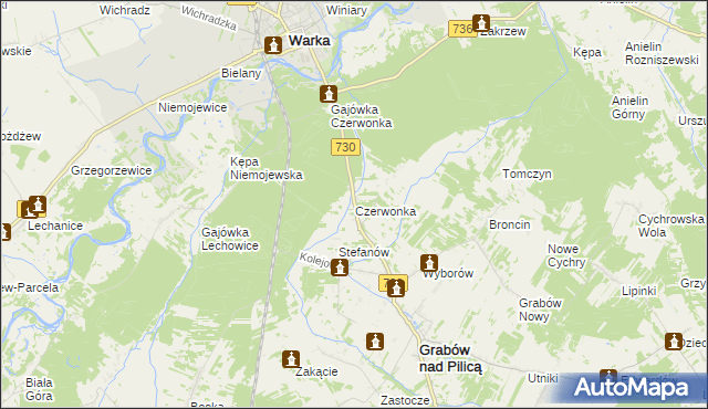 mapa Czerwonka gmina Grabów nad Pilicą, Czerwonka gmina Grabów nad Pilicą na mapie Targeo