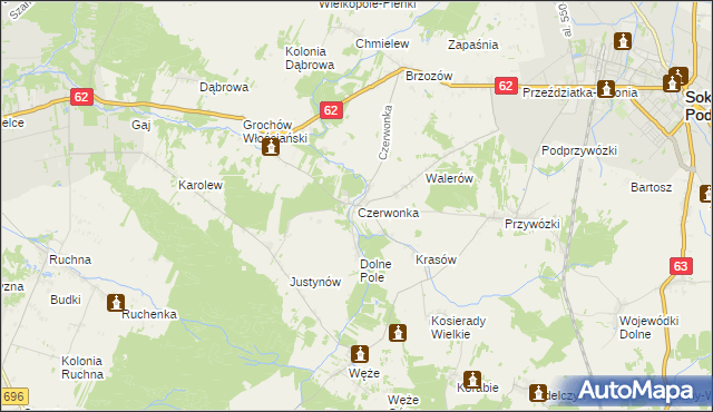 mapa Czerwonka gmina Sokołów Podlaski, Czerwonka gmina Sokołów Podlaski na mapie Targeo