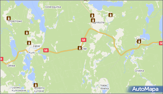 mapa Dąb gmina Olsztynek, Dąb gmina Olsztynek na mapie Targeo
