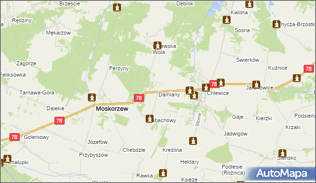 mapa Damiany gmina Moskorzew, Damiany gmina Moskorzew na mapie Targeo