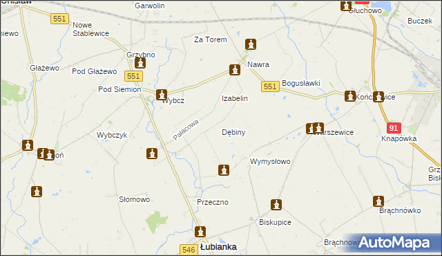 mapa Dębiny gmina Łubianka, Dębiny gmina Łubianka na mapie Targeo