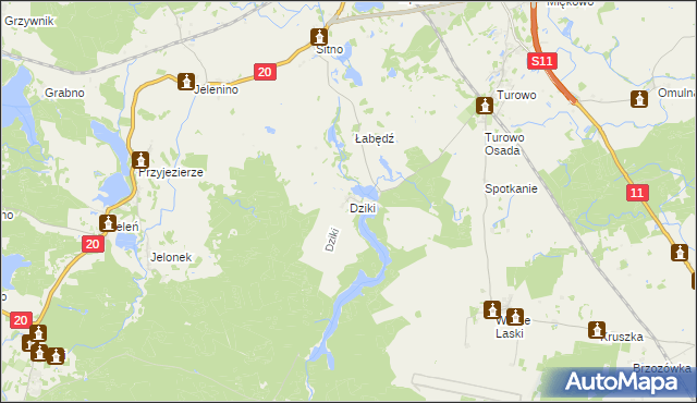 mapa Dziki gmina Szczecinek, Dziki gmina Szczecinek na mapie Targeo