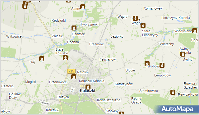 mapa Felicjanów gmina Koluszki, Felicjanów gmina Koluszki na mapie Targeo