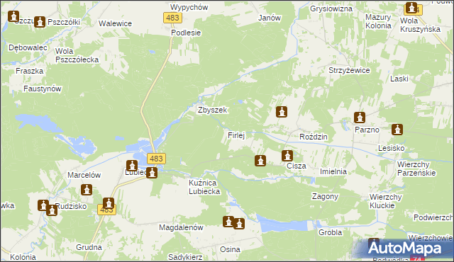 mapa Firlej gmina Szczerców, Firlej gmina Szczerców na mapie Targeo