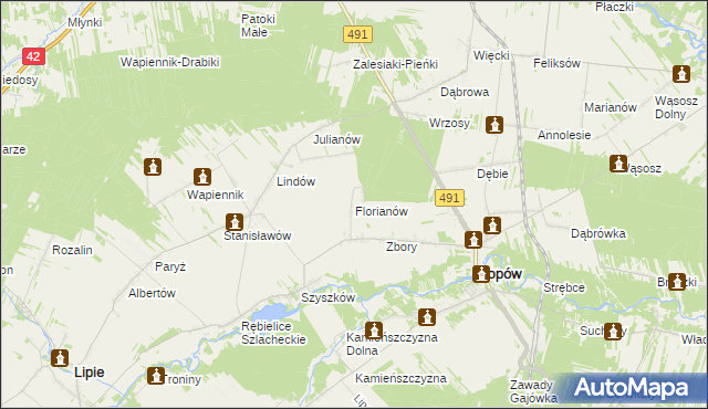 mapa Florianów gmina Popów, Florianów gmina Popów na mapie Targeo