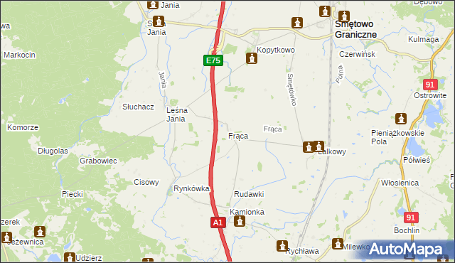 mapa Frąca gmina Smętowo Graniczne, Frąca gmina Smętowo Graniczne na mapie Targeo