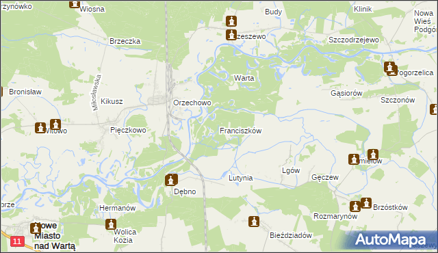 mapa Franciszków gmina Nowe Miasto nad Wartą, Franciszków gmina Nowe Miasto nad Wartą na mapie Targeo