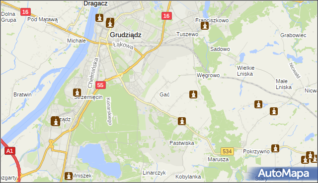 mapa Gać gmina Grudziądz, Gać gmina Grudziądz na mapie Targeo
