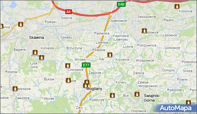 mapa Gaj gmina Mogilany, Gaj gmina Mogilany na mapie Targeo