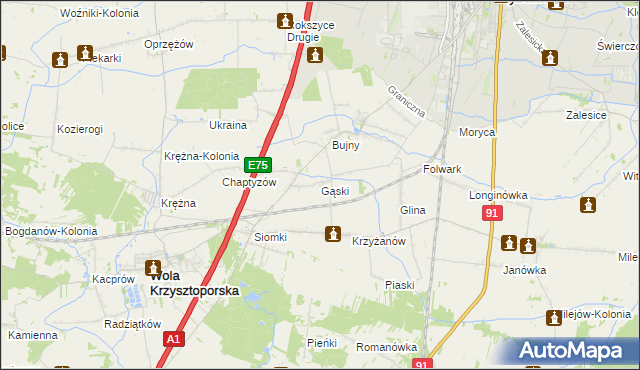 mapa Gąski gmina Wola Krzysztoporska, Gąski gmina Wola Krzysztoporska na mapie Targeo