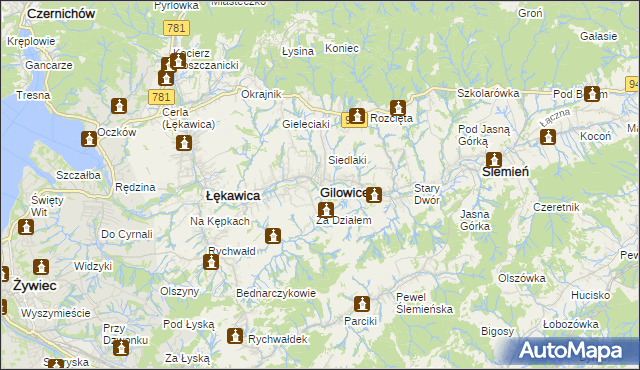 mapa Gilowice powiat żywiecki, Gilowice powiat żywiecki na mapie Targeo