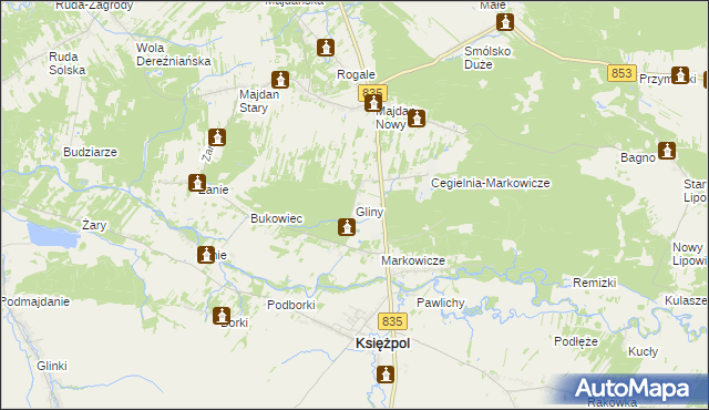 mapa Gliny gmina Księżpol, Gliny gmina Księżpol na mapie Targeo