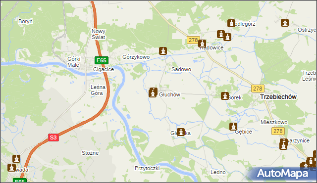 mapa Głuchów gmina Trzebiechów, Głuchów gmina Trzebiechów na mapie Targeo