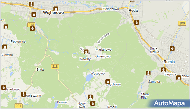 mapa Gniewowo gmina Wejherowo, Gniewowo gmina Wejherowo na mapie Targeo