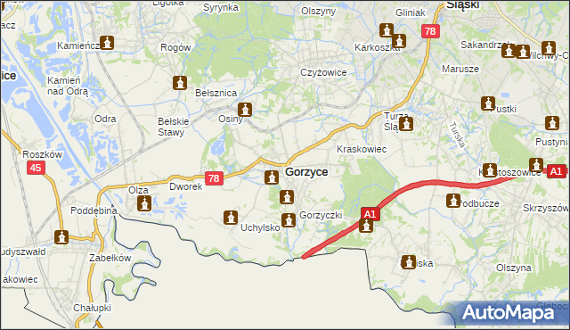 mapa Gorzyce powiat wodzisławski, Gorzyce powiat wodzisławski na mapie Targeo