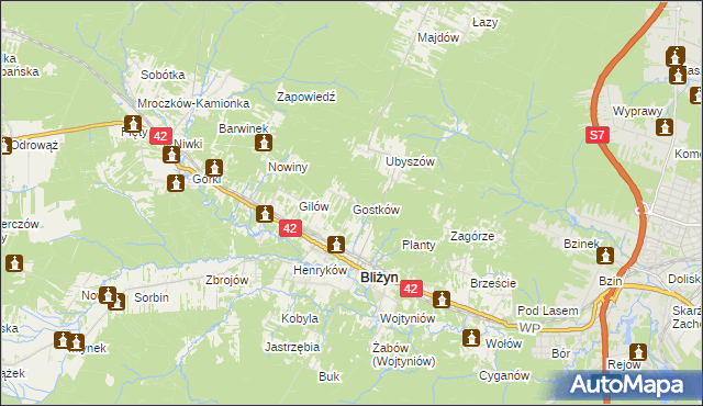 mapa Gostków gmina Bliżyn, Gostków gmina Bliżyn na mapie Targeo