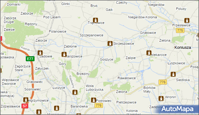 mapa Goszyce gmina Kocmyrzów-Luborzyca, Goszyce gmina Kocmyrzów-Luborzyca na mapie Targeo