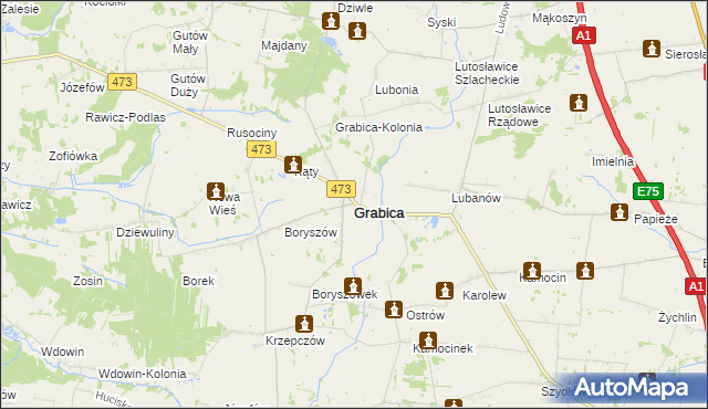mapa Grabica powiat piotrkowski, Grabica powiat piotrkowski na mapie Targeo