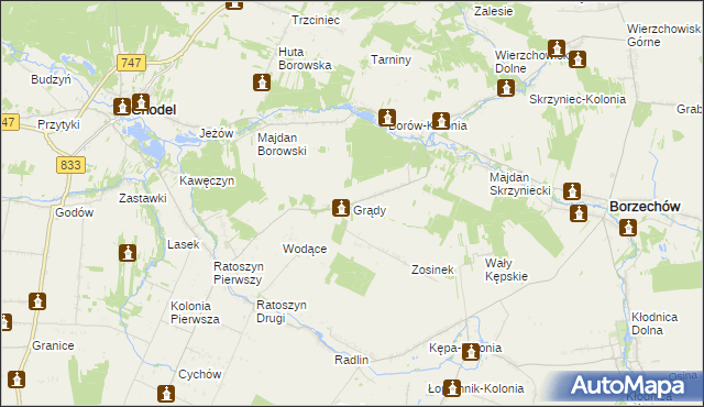 mapa Grądy gmina Chodel, Grądy gmina Chodel na mapie Targeo