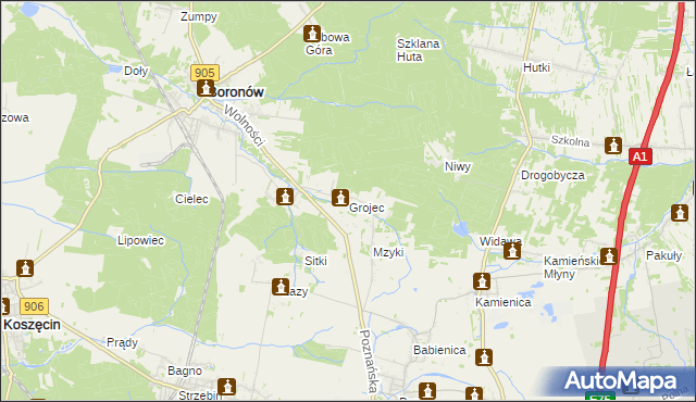 mapa Grojec gmina Boronów, Grojec gmina Boronów na mapie Targeo