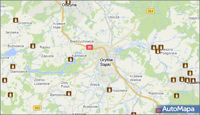 mapa Gryfów Śląski, Gryfów Śląski na mapie Targeo