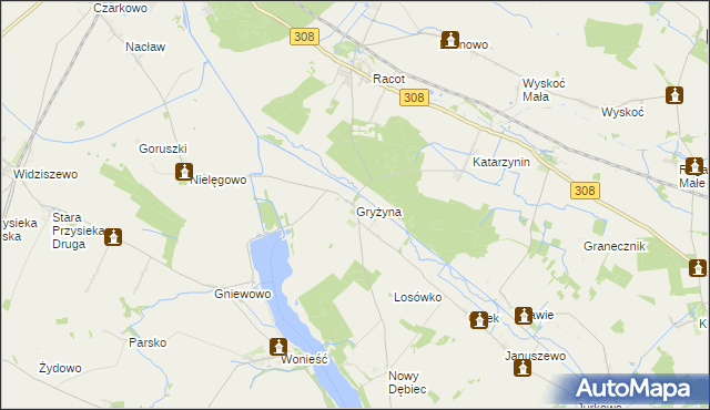 mapa Gryżyna gmina Kościan, Gryżyna gmina Kościan na mapie Targeo