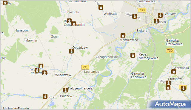 mapa Grzegorzewice gmina Warka, Grzegorzewice gmina Warka na mapie Targeo