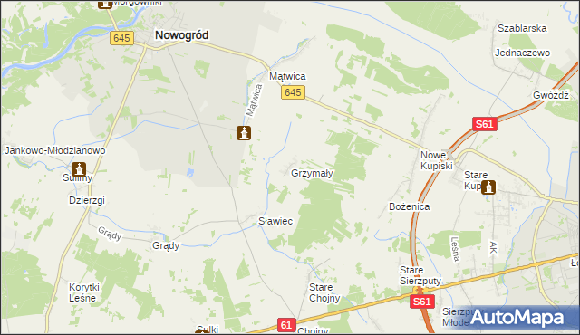mapa Grzymały gmina Nowogród, Grzymały gmina Nowogród na mapie Targeo