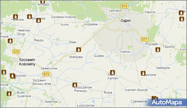 mapa Guzew gmina Gąbin, Guzew gmina Gąbin na mapie Targeo