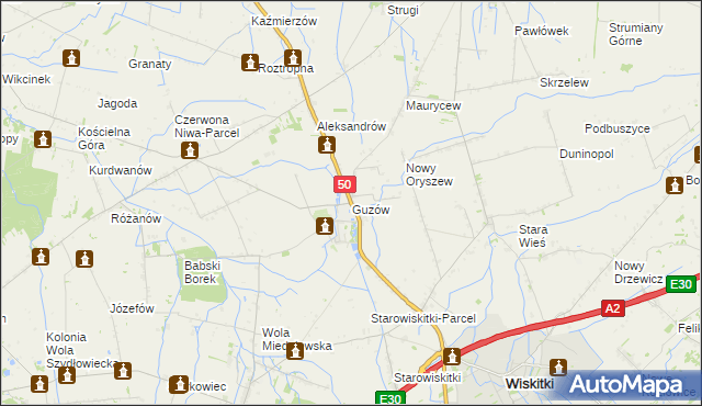 mapa Guzów gmina Wiskitki, Guzów gmina Wiskitki na mapie Targeo