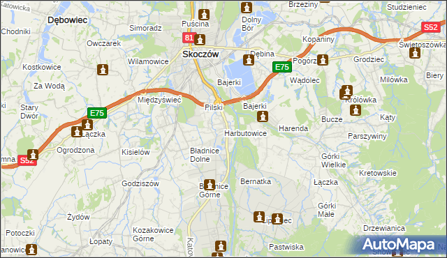 mapa Harbutowice gmina Skoczów, Harbutowice gmina Skoczów na mapie Targeo