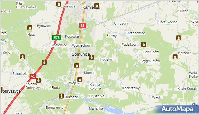 mapa Hucisko gmina Gomunice, Hucisko gmina Gomunice na mapie Targeo