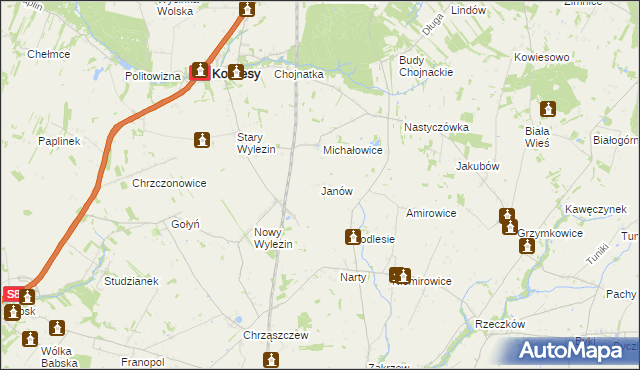 mapa Janów gmina Kowiesy, Janów gmina Kowiesy na mapie Targeo