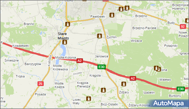 mapa Janowice gmina Stare Miasto, Janowice gmina Stare Miasto na mapie Targeo