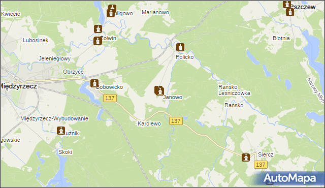 mapa Janowo gmina Pszczew, Janowo gmina Pszczew na mapie Targeo