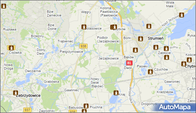 mapa Jarząbkowice gmina Pawłowice, Jarząbkowice gmina Pawłowice na mapie Targeo