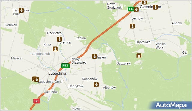 mapa Jasień gmina Lubochnia, Jasień gmina Lubochnia na mapie Targeo